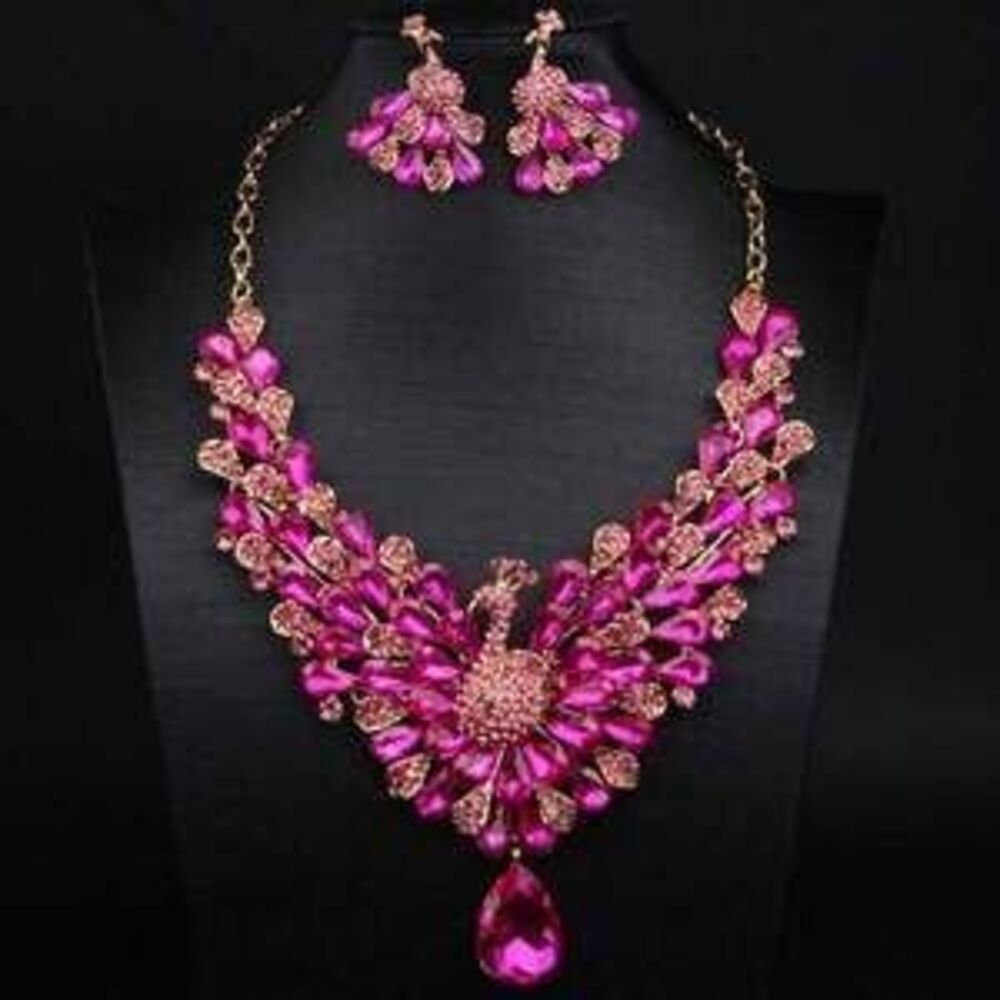 Super Shiny Peacock Necklace Earrings Set Set For D Minimalist